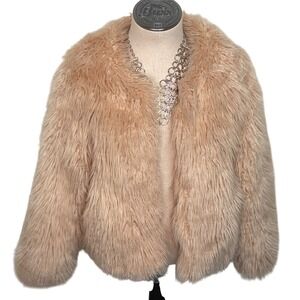 EXPRESS Petite Faux Fur Jacket Cream Cozy Shaggy Open Front Long Sleeve